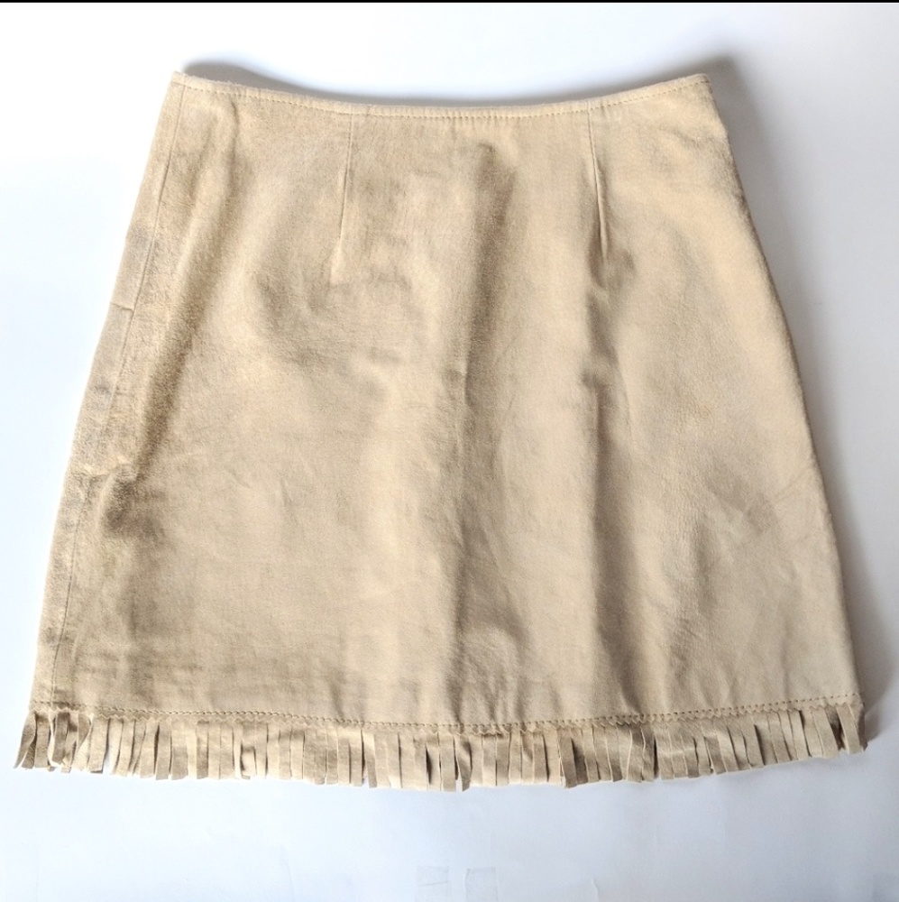 Suede Mini Skirt Fringed Vintage Y2K Cowgirl Rodeo Indian Boho Tan size 3 Junior